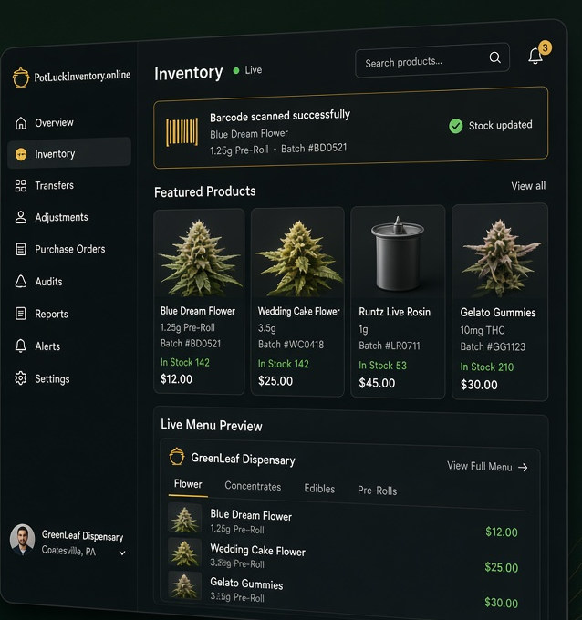 PotLuck Inventory dashboard — live inventory, barcode scan, and menu preview